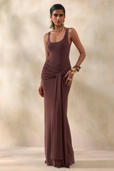 Lienna | Brown Scoop-Neck Maxi Dress With Gathered-Detail And Sash