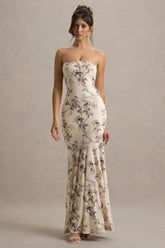 Callie | Lemon Floral Print Bandeau Fishtail Maxi Dress