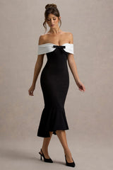 Corola | Black & White Bardot Volume-Hem Midi Dress