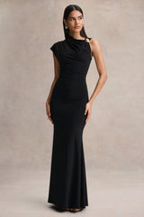 Blaire | Black Asymmetric-Neck Maxi Dress With Gold-Detailing