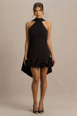 Geneve | Black Halter-Neck Mini Dress With Ruffled Trim