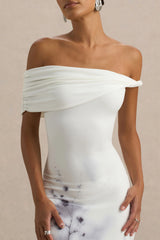 Sachi | White Print Twisted Bardot Maxi Dress