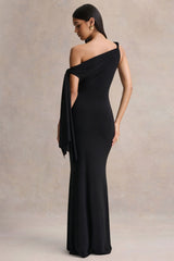 Vista | Black Asymmetric-Neck Maxi Dress With Knot-Sleeve Detail