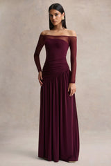 Luminary | Dark Plum Bardot-Neck Maxi Dress With Mesh Sleeves
