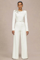 Prize | Cream Crew-Neck Jumpsuit With Embellishment Detail