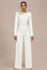 Prize | Cream Crew-Neck Jumpsuit With Embellishment Detail