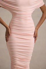 Rayleigh | Pink Bardot Ruched Midi Dress