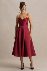 Promises | Red Satin Sweetheart-Neck Midi Dress