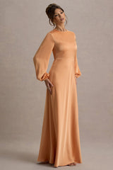 Crawley | Peach Satin Puff-Sleeve Maxi Dress