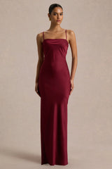 Yoli | Burgundy Satin Maxi Dress With Removable Twist-Cape