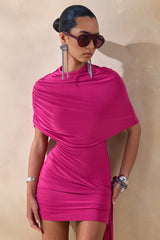 Farrah | Hot Pink High-Neck Draped Mini Dress With Sash