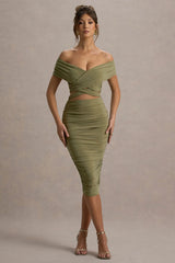Clovette | Olive Ruched Bardot Cut-Out Midi Dress