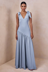 Cala | Powder Blue Satin Plunge-Neck Maxi Dress With Bow-Sleeves