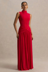 Cascade | Red High-Neck Maxi Dress With Twist Detail