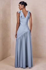 Cala | Powder Blue Satin Plunge-Neck Maxi Dress With Bow-Sleeves