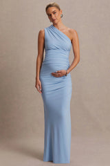 Darcie | Powder Blue Asymmetric-Neck Maternity Maxi Dress