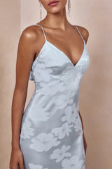 Carelle | Powder Blue Satin Plunge-Neck Maxi Dress With Asymmetric Drop-Waist