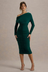 Sinclair | Bottle Green Ruched One-Shoulder Bodycon Midi Dress