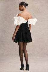 Brynne | Black & Cream Velvet Mini Dress With Satin Puff Sleeves