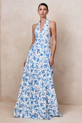 Liana | Blue Porcelain Print Halter-Neck Maxi Dress
