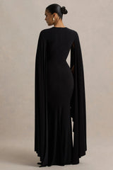 Briony | Black Crew-Neck Maxi Dress With Cape Sleeves