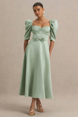Rosey | Green Satin Sweetheart Midi Dress