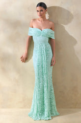 Aries | Mint Lace Bardot-Neck Maxi Dress With Gathered Detailing
