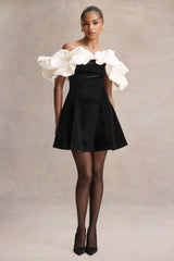 Brynne | Black & Cream Velvet Mini Dress With Satin Puff Sleeves