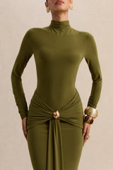 Ambrette | Olive High-Neck Maxi Dress With Gathered-Detailing