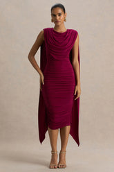 Wanderer | Burgundy Crew-Neck Midi Dress With Draped and Ruched Detailing