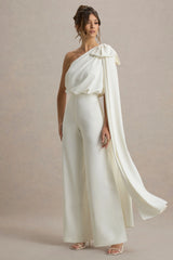 Alice | Cream Asymmetric Bow Shoulder Jumpsuit With Drape