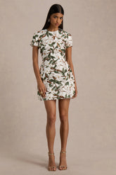 Ophelia | White And Green Embellished Sequin Floral And Mesh Mini Dress With Short Sleeves