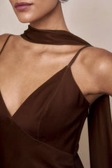 Starling | Brown Satin Plunge-Neck Maxi Dress With Scarf-Detail
