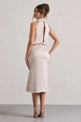 Geena | Champagne Satin Twisted High-Neck Midi Dress