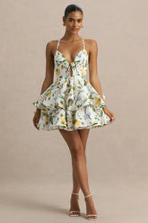 Flavia | White Botanical Print Plunge-Neck Ruffled Skater Micro-Mini Dress