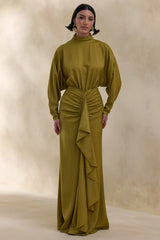 Perla | Olive High-Neck Maxi Dress With Gathered-Detailing