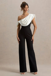 Falling For You | Black & White Asymmetric Draped Jumpsuit