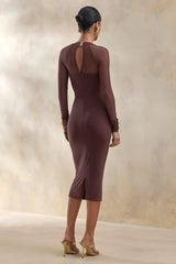 Off Track | Brown Bodycon Midi Dress With Sheer Sleeves