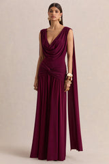 Amelisse | Burgundy Plunge-Neck Maxi Dress With Ruched-Detailing