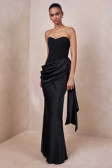 Oakley | Black Satin Bandeau Maxi Dress With Draped Skirt