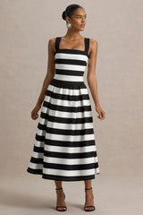 Monte Carlo | Black & White Striped Square-Neck Drop-Waist Midi Dress