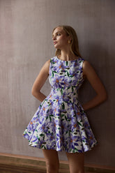 Gabrielle | Purple Lily Print Boat-Neck Skater Mini Dress