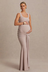 Baylin | Nude Square-Neck Maternity Maxi Dress With Ruched Detailing And Sash
