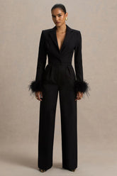 Lissy | Black Plunge-Neck Jumpsuit With Feather-Detailed Sleeves