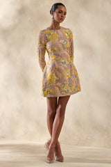 Merdia | Yellow Embellished Floral Crew-Neck Mini Dress