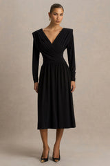 Alexis | Black Plunge-Neck Midi Dress With Draped And Ruched Detailing