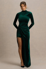 Wishes | Bottle Green Velvet High-Neck Maxi Dress With Wrap Skirt