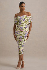 Rayleigh | Tulip Floral Print Bardot Ruched Midi Dress