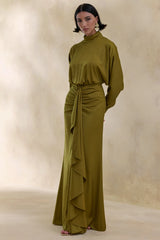 Perla | Olive High-Neck Maxi Dress With Gathered-Detailing