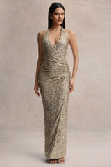Gio | Champagne Sequin Plunge-Neck Wrap Maxi Dress With Ruched Detailing